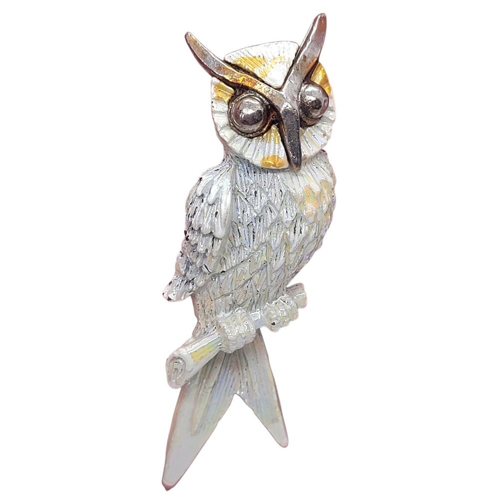 Vintage White Enamel Owl Brooch On Branch Rhinestone Bird Pin Fairy Wilderkind